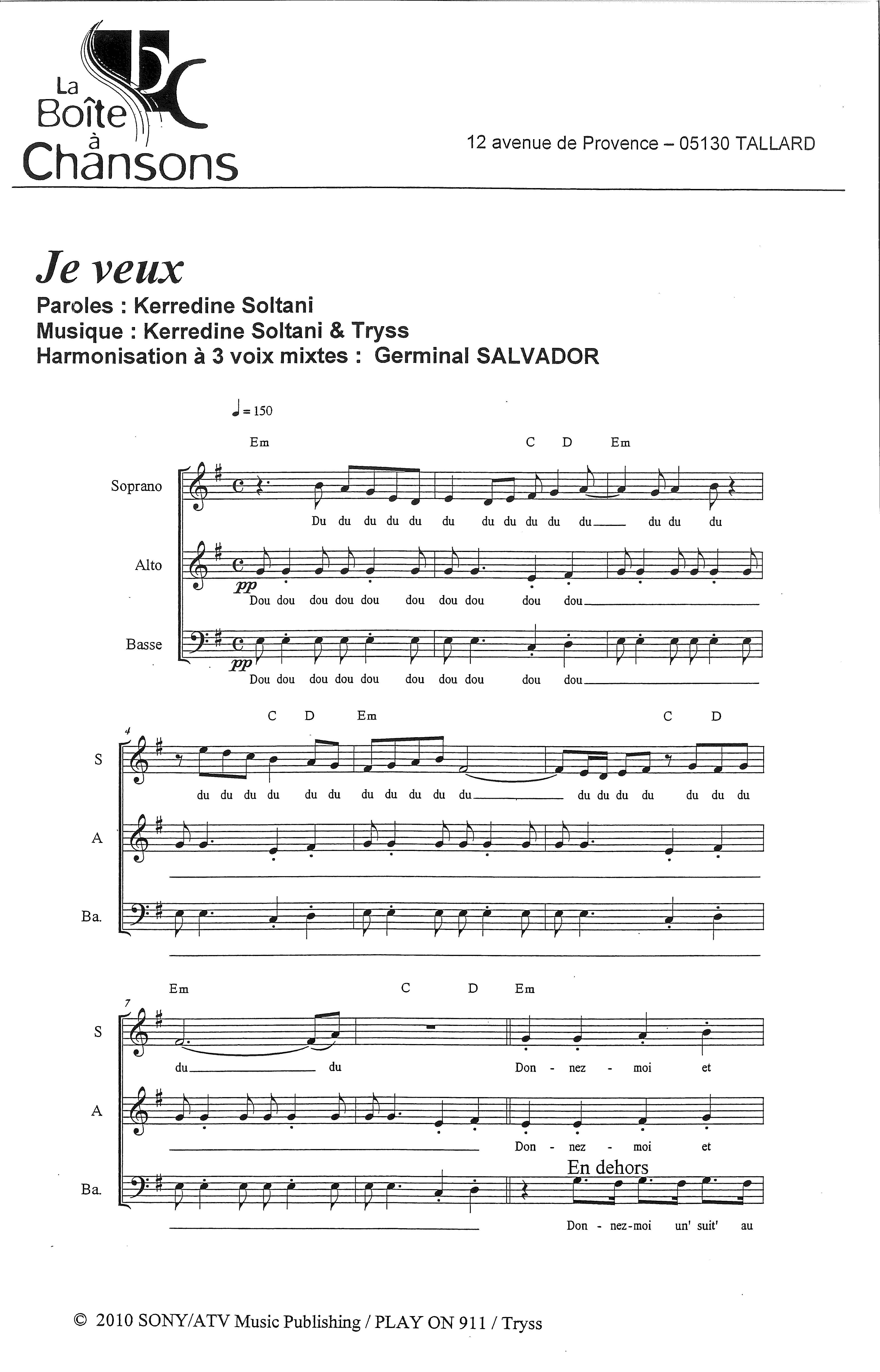 Partition chanson française à 3 voix, une chanson douce
