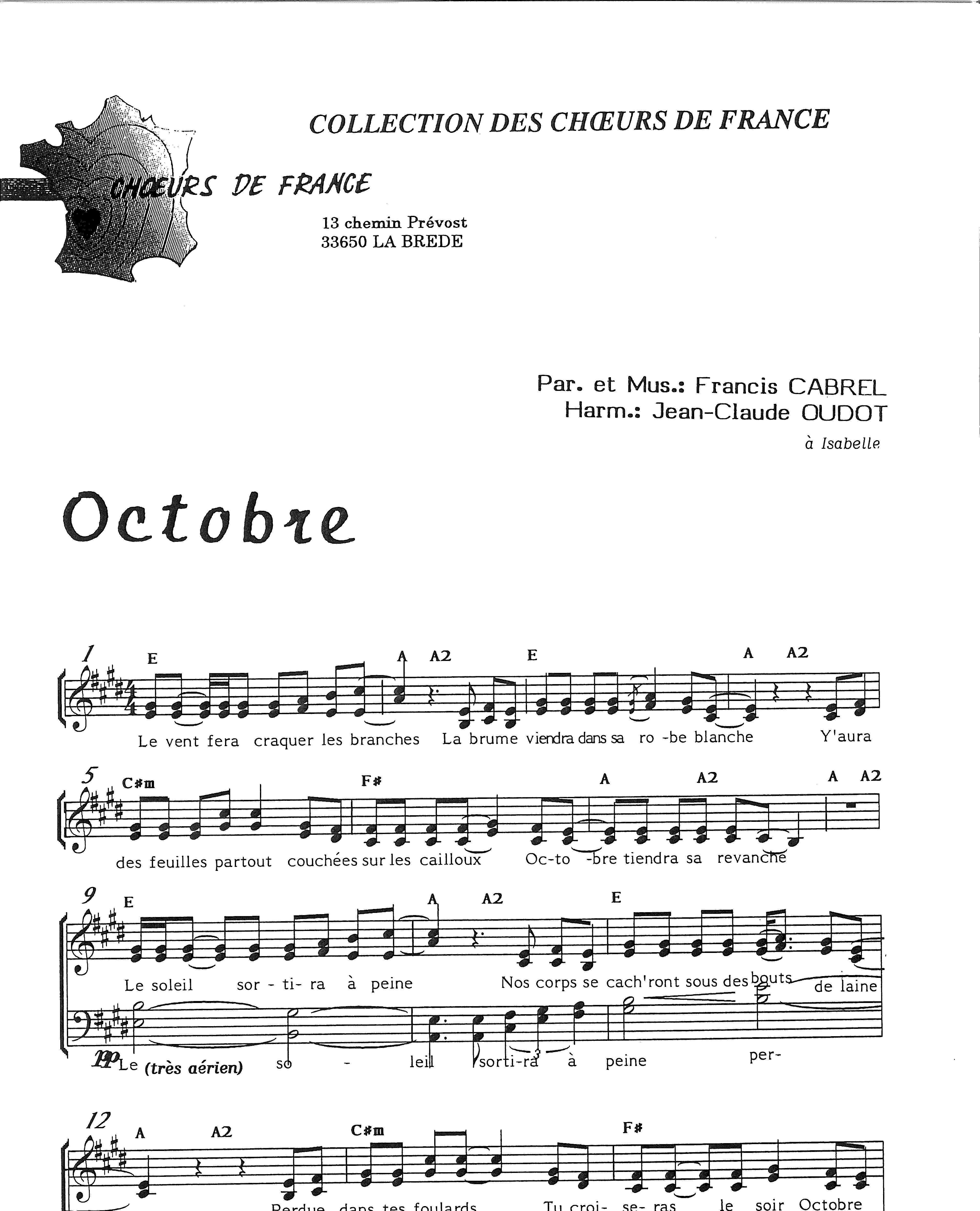 Partition piano octobre cabrel